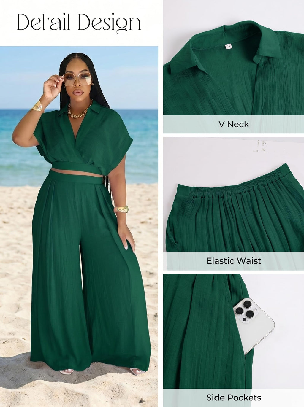 Ekaliy Women Two Piece Crop Top Flowy Wide Leg Pants Set Summer Outfits | Lightweight breathable fabric,batwing V-neck crop top,elastic waist wide leg lined pants with pockets for casual wear.