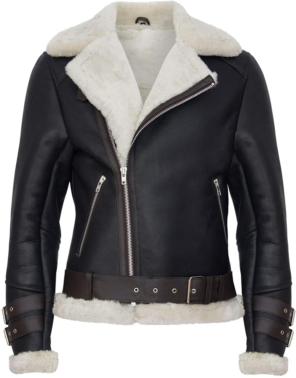 Men’s Retro RAF B3 Pilot Real Sheepskin Shearling Biker Leather Jacket