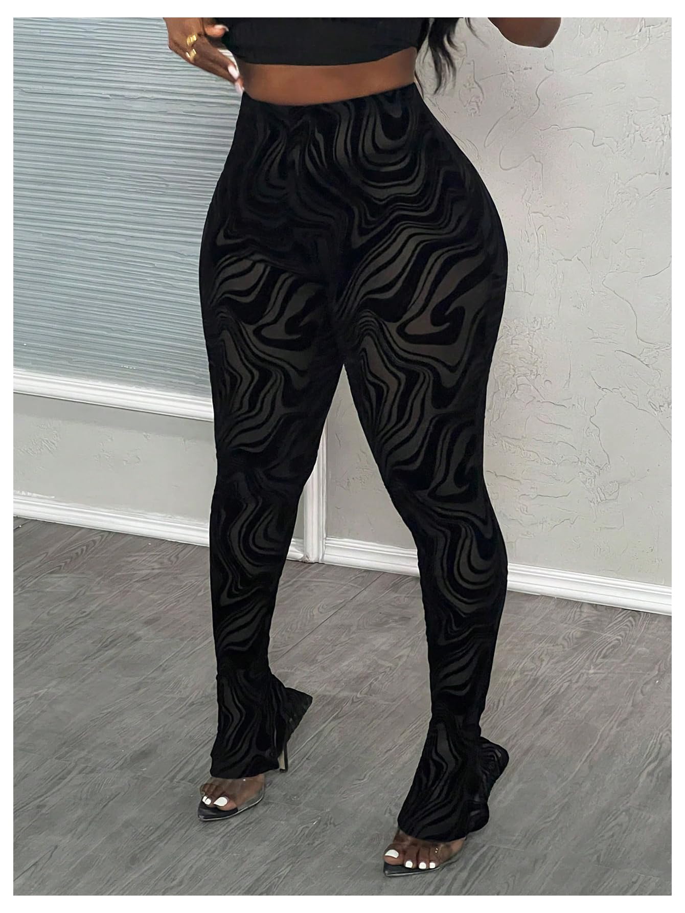 RoseSeek Women's Sheer Mesh Leggings See Through Bell Bottom Skinny Pants | High Waisted, Flared Skinny, Lace Pants, Going Out Bottoms, Bell Bottom Rave Outfits