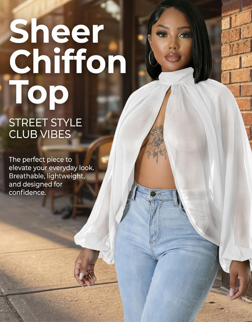 acelyn Women's Sexy See Through Chiffon Sheer Blouses Tops | Lantern Sleeve, Front Back Open, High Neck, Self Tie, Shawl Casual Shirts,Blouses Tops