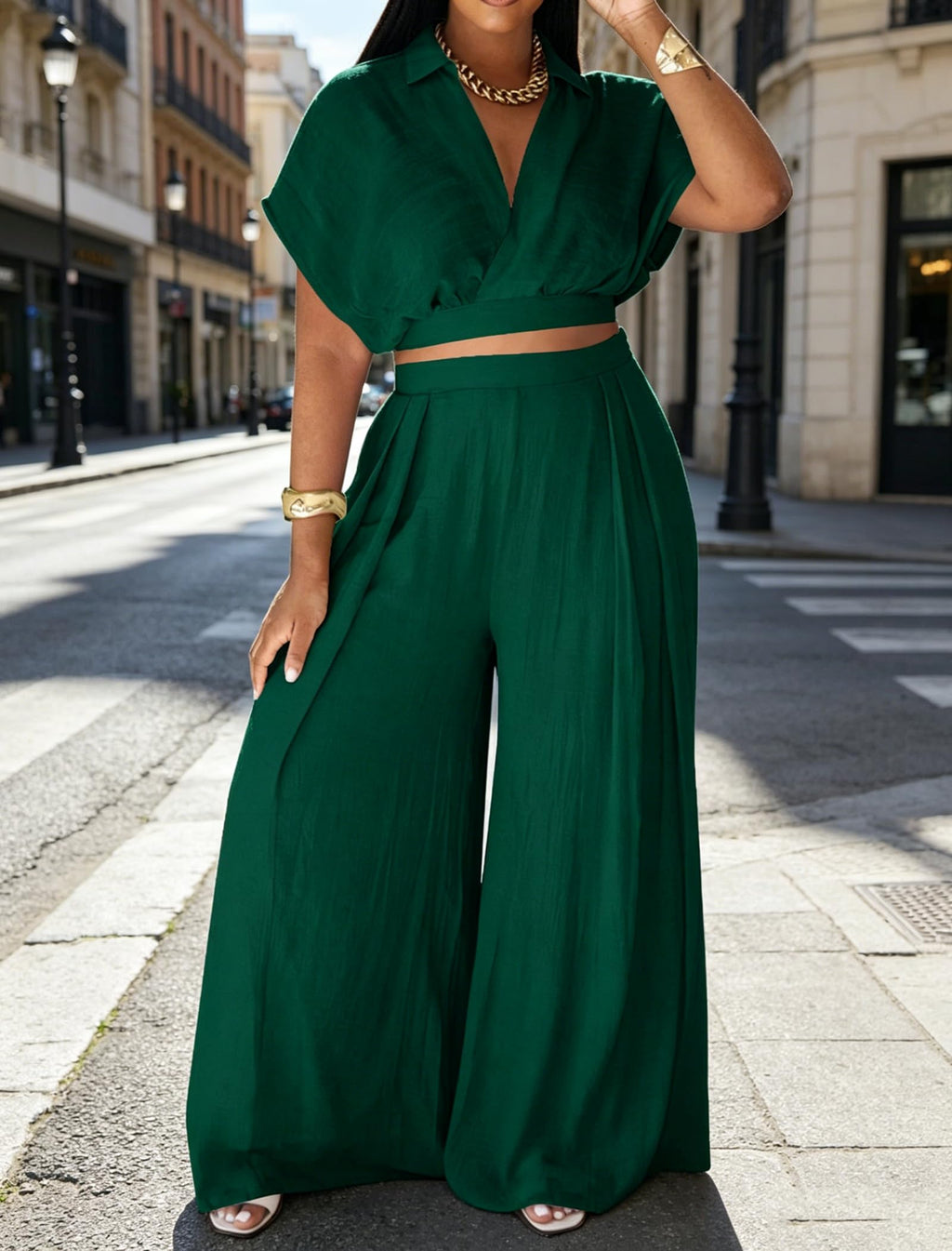 Ekaliy Women Two Piece Crop Top Flowy Wide Leg Pants Set Summer Outfits | Lightweight breathable fabric,batwing V-neck crop top,elastic waist wide leg lined pants with pockets for casual wear.