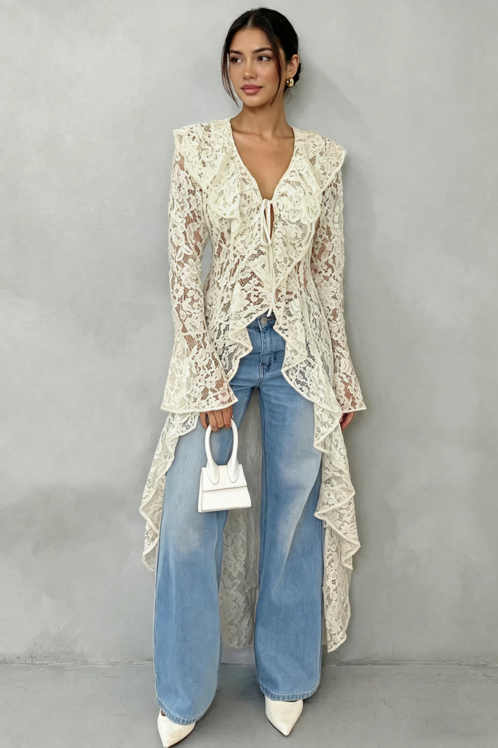 Lace Cardigan for Women Maxi Summer Lightweight Open Front Tie Bell Long Sleeve Ruffled Tops Duster Swimsuit Cover Up