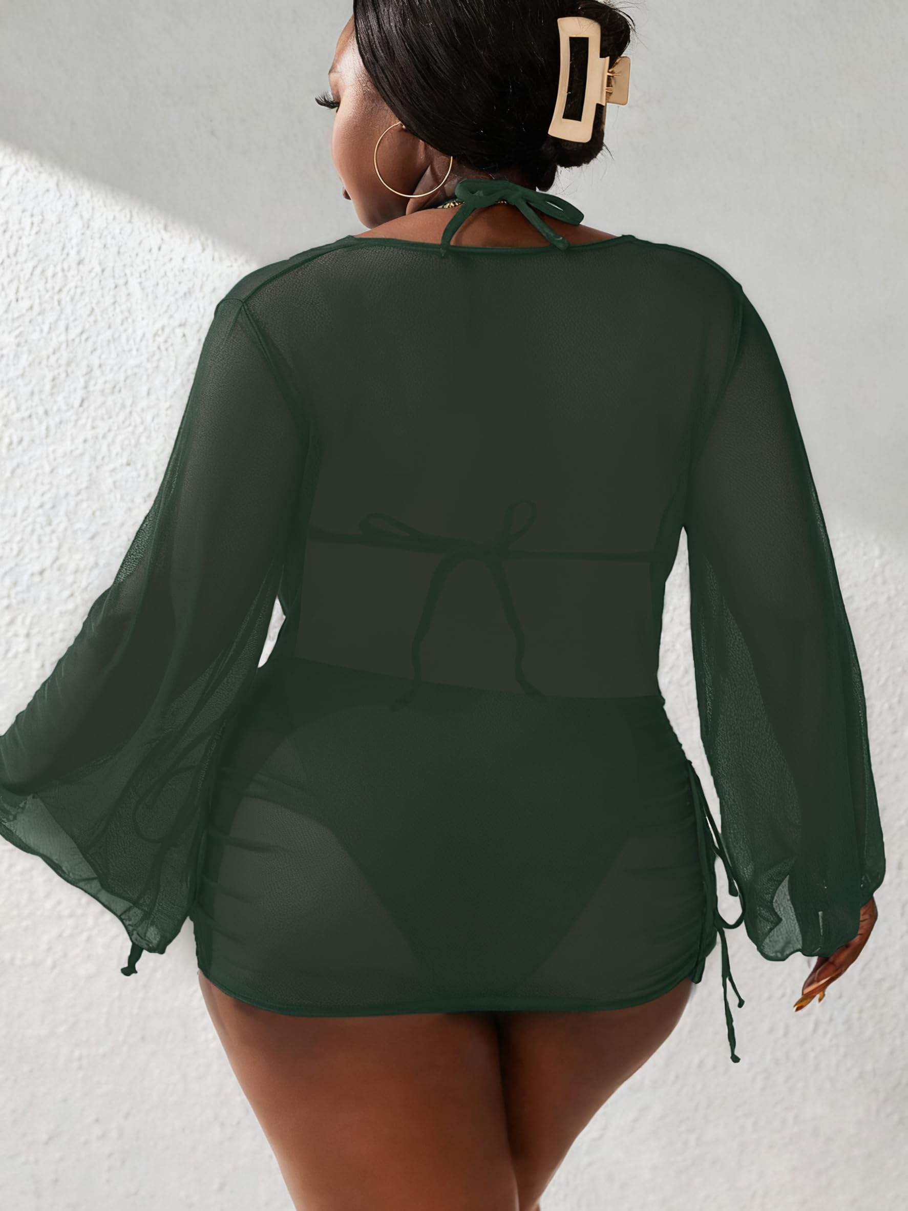 Women's Plus Size Halter String Triangle Bikini Sets 3 Piece Swimsuits with Side Ruched Drawstring Cover Up
