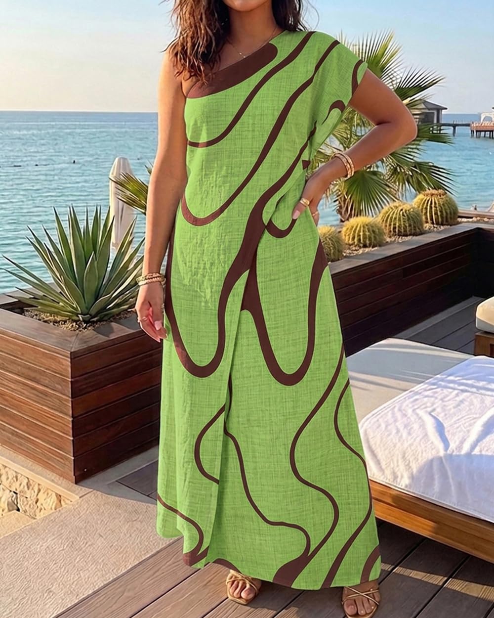 CHICME Maxi Dresses for Women Abstract Print Summer Dress | Womens Summer Dresses, One Shoulder Boho Dress with Pockets, Faux 2 Piece Casual Dresses, Vacation, Beach Dress Wedding Guest