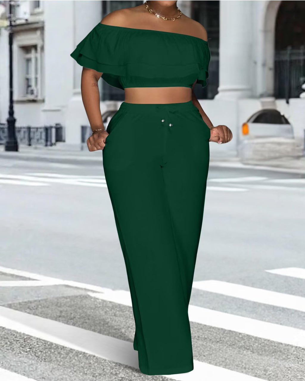 Adogirl 2 Piece Outfits for Women Ruffle Trim Crop Top Wide Leg Pants Set | 2 Piece Sets, Outfit for Women, Off Shoulder, Short Sleeve, Wide Leg Pants with Pockets, Sexy Outfits, Vacation Outfits