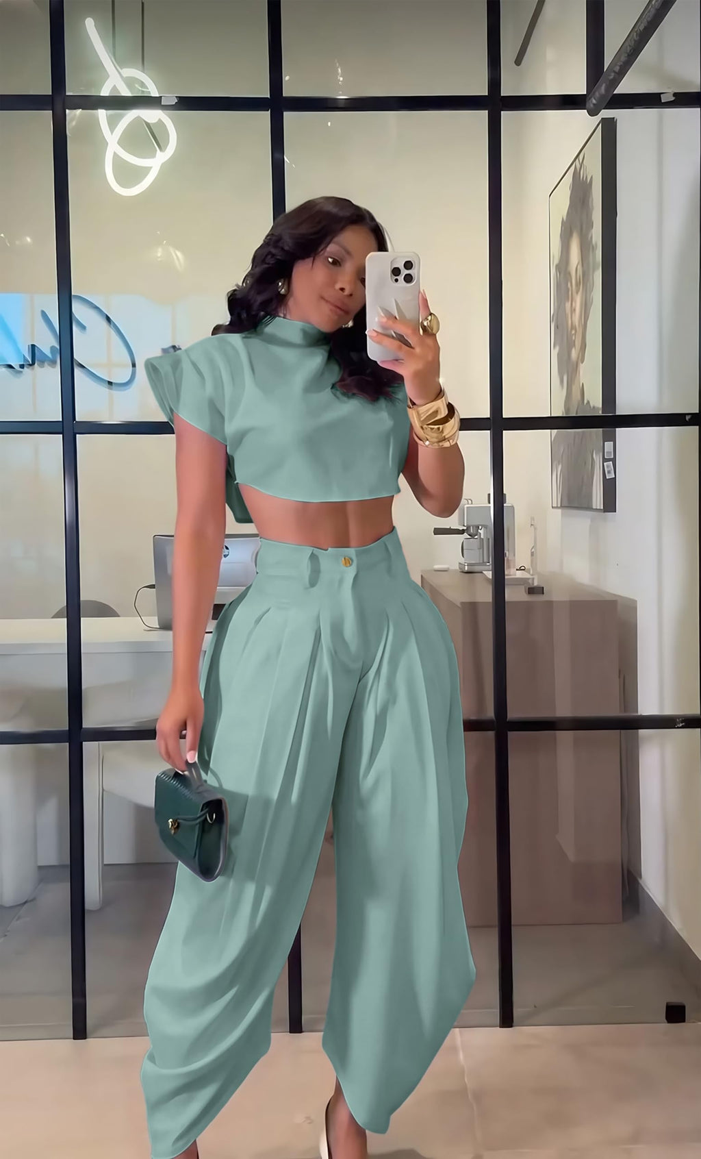 Ekaliy Womens Casual 2 Piece Outfits Cap Sleeve Crop Top Palazzo Pants Set | Mock Neck,Short Sleeve,Zipper-Back Crop Top,High-Waisted Pleated Pants,Wide Leg Dress Pants,2 Piece Sets For Women Dressy