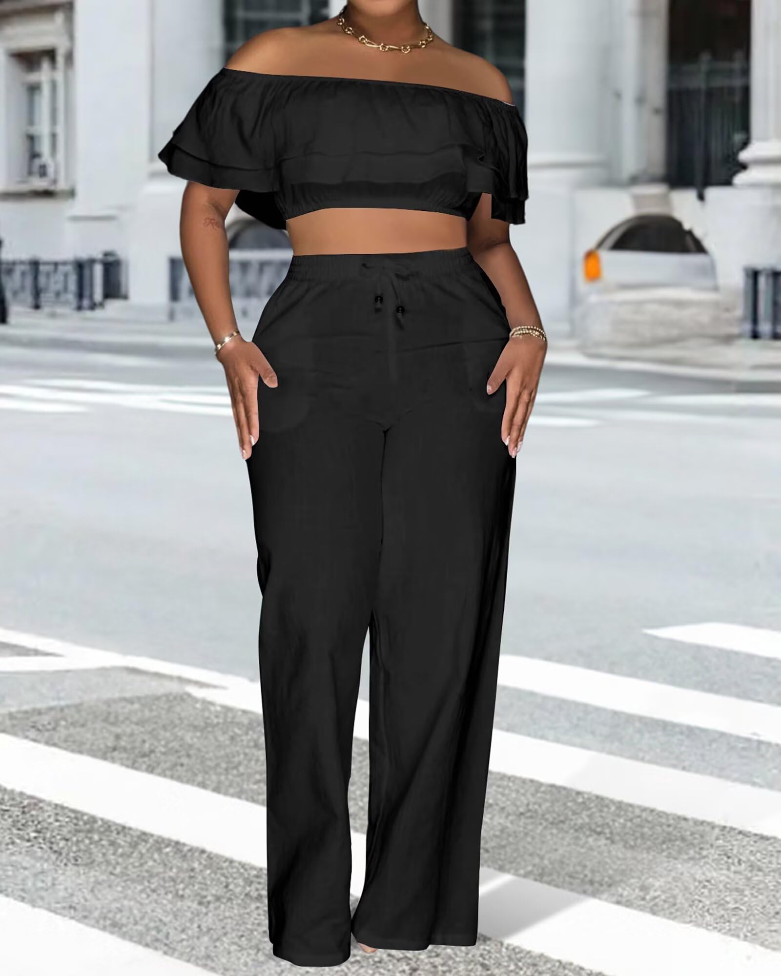 Adogirl 2 Piece Outfits for Women Ruffle Trim Crop Top Wide Leg Pants Set | 2 Piece Sets, Outfit for Women, Off Shoulder, Short Sleeve, Wide Leg Pants with Pockets, Sexy Outfits, Vacation Outfits