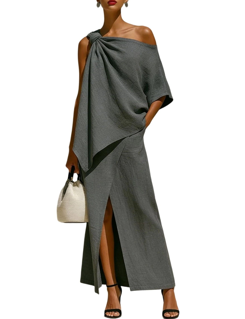 2 Piece Sets for Women Off Shoulder Irregular Hem Top and Slit Maxi Skirt Summer Casual Outfits