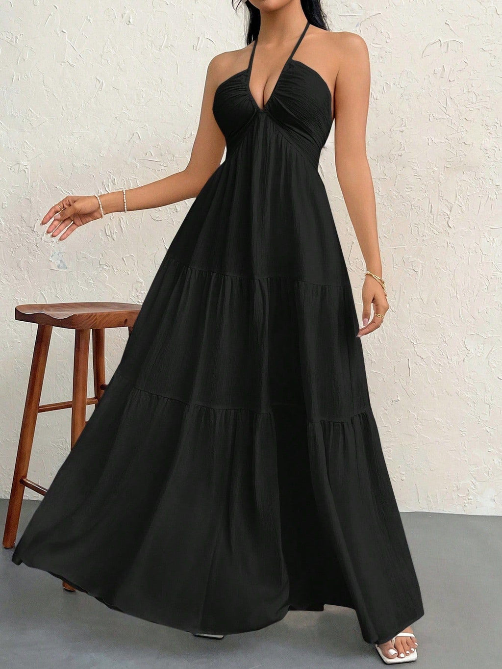 Narecte Women's Maxi Summer Dresses Halter V Neck Beach Dresses for Women A-Line Casual Dress for Vacation