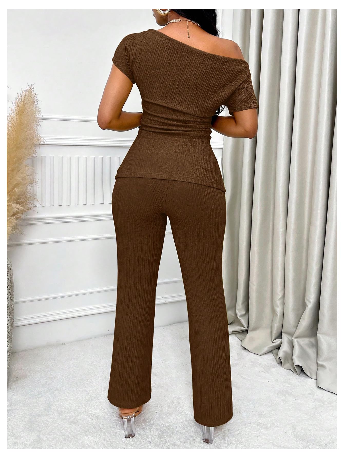SOLY HUX Women's 2 Piece Outfit Short Sleeve Ruched T Shirt and Pants Set | Asymmetrical Neck, Going Out Set, Dressy, Summer Set