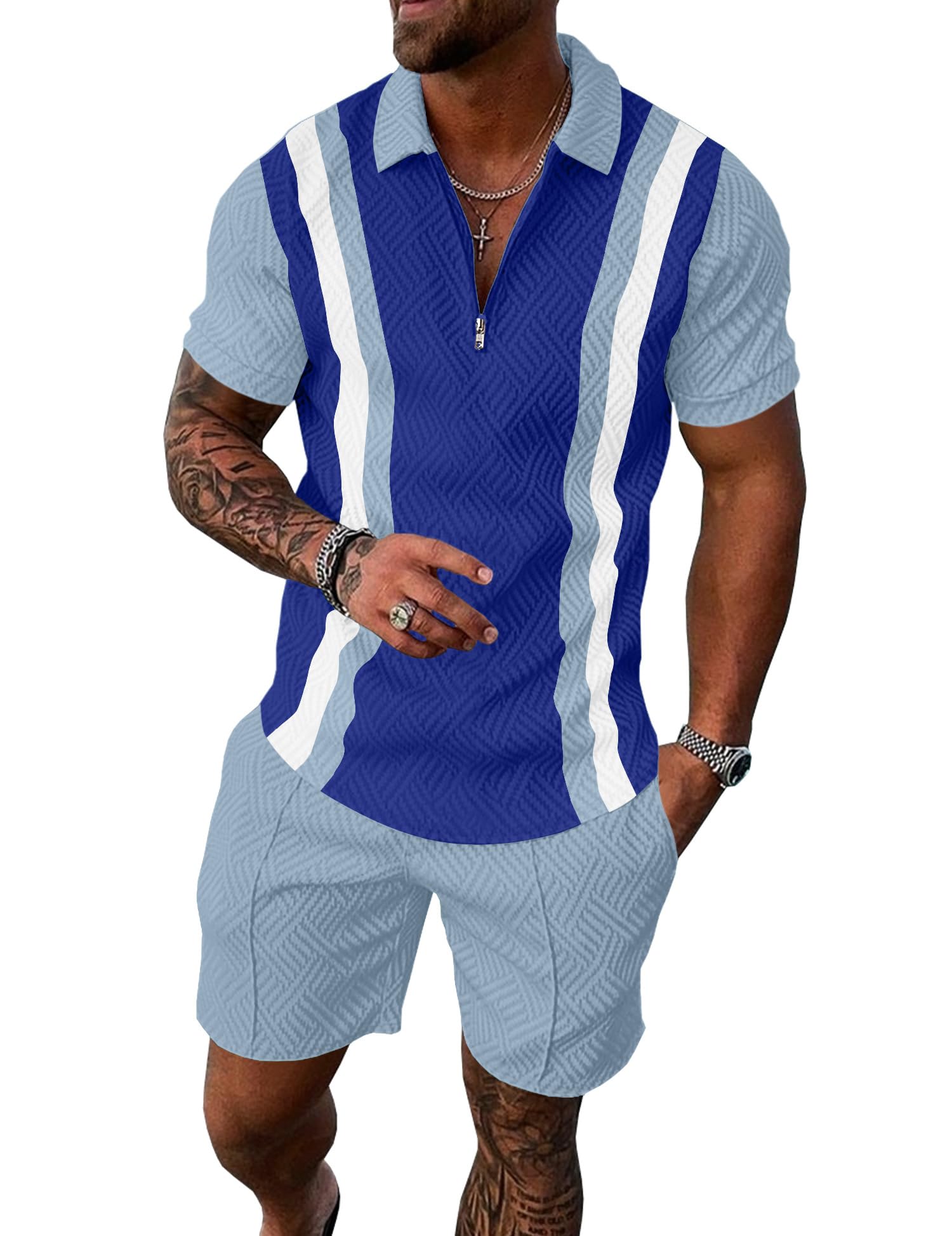 Mens Summer Track Suits 2 Piece Shorts Sets Short Sleeve Sweatsuit Outfits 1/4 Zip Golf Polo Splicing Striped Shirts