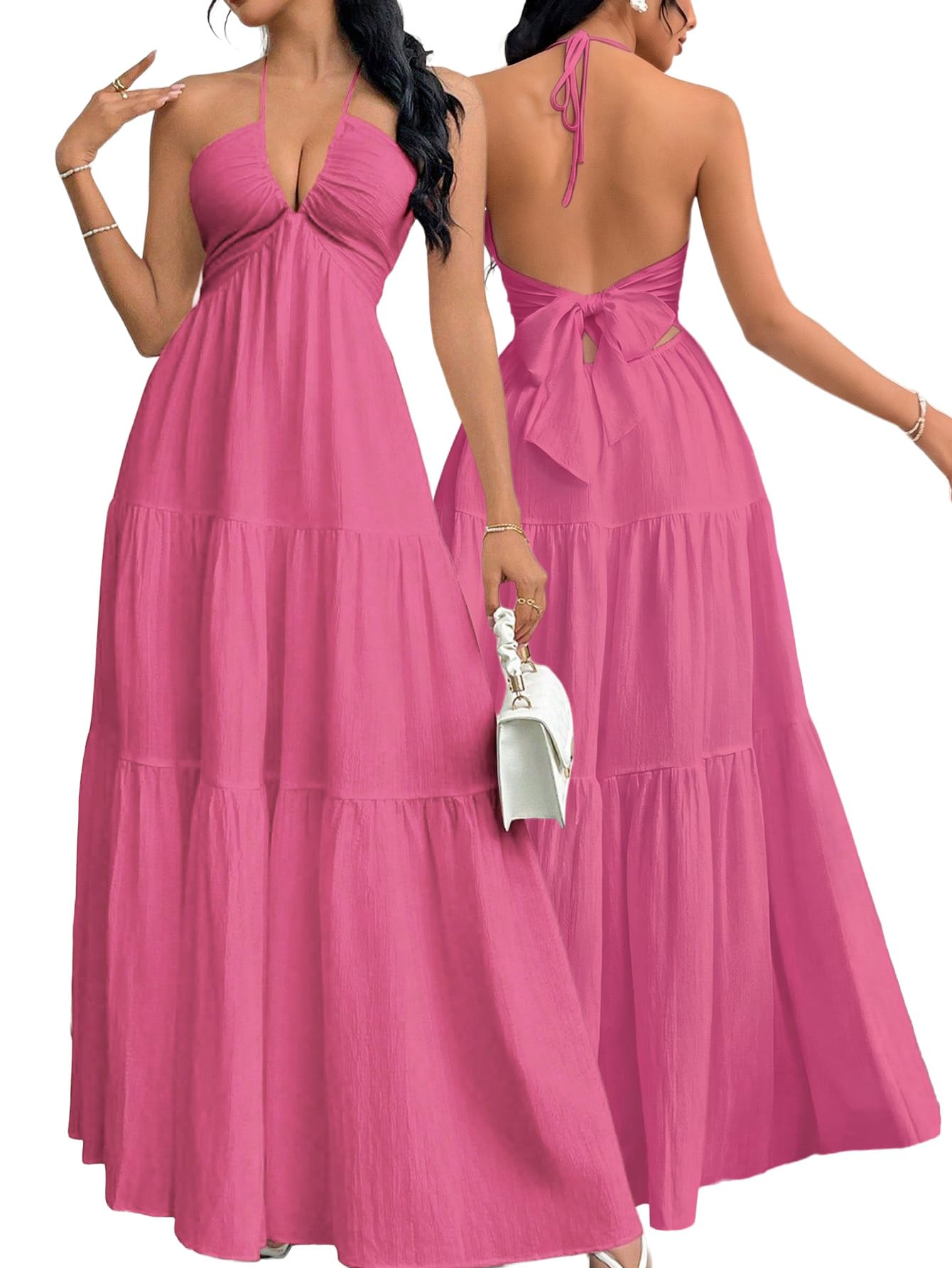 Narecte Women's Maxi Summer Dresses Halter V Neck Beach Dresses for Women A-Line Casual Dress for Vacation