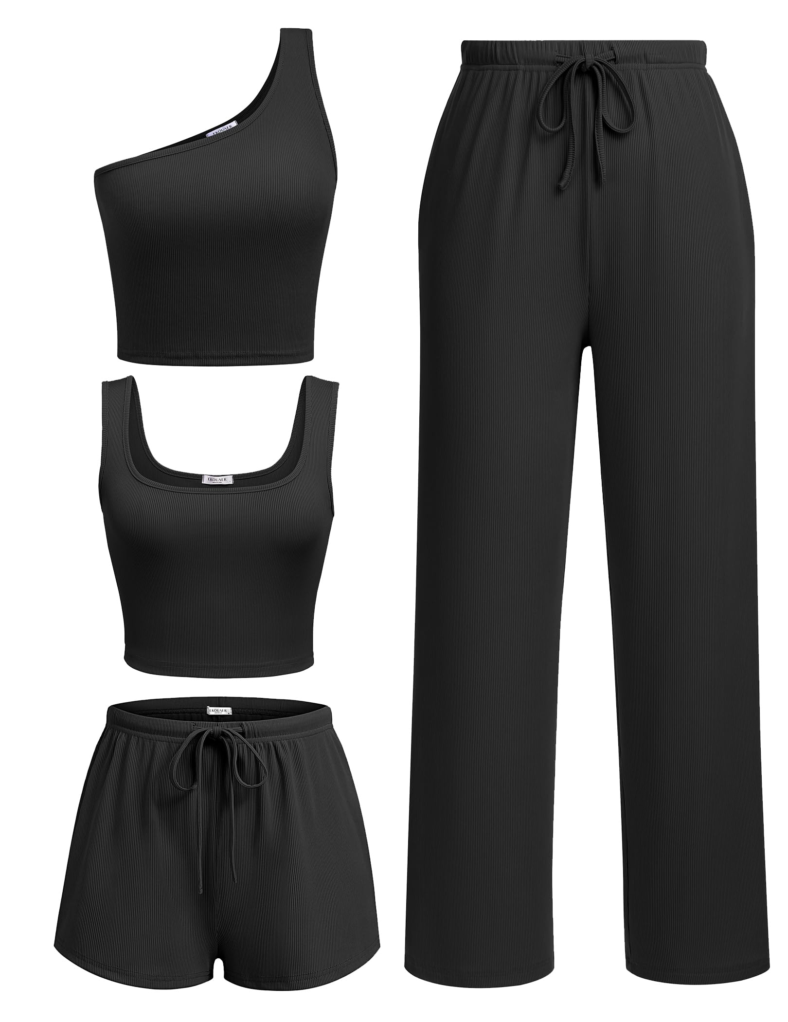 Ekouaer 4 Piece Sets for Women Casual Lounge Sets Summer Vacation Outfits | Knit Fabric,Soft and Comfortable, Tank Top and Long/Short Pant with Pockets, for Leisure,Summer Beach Vacation Day.