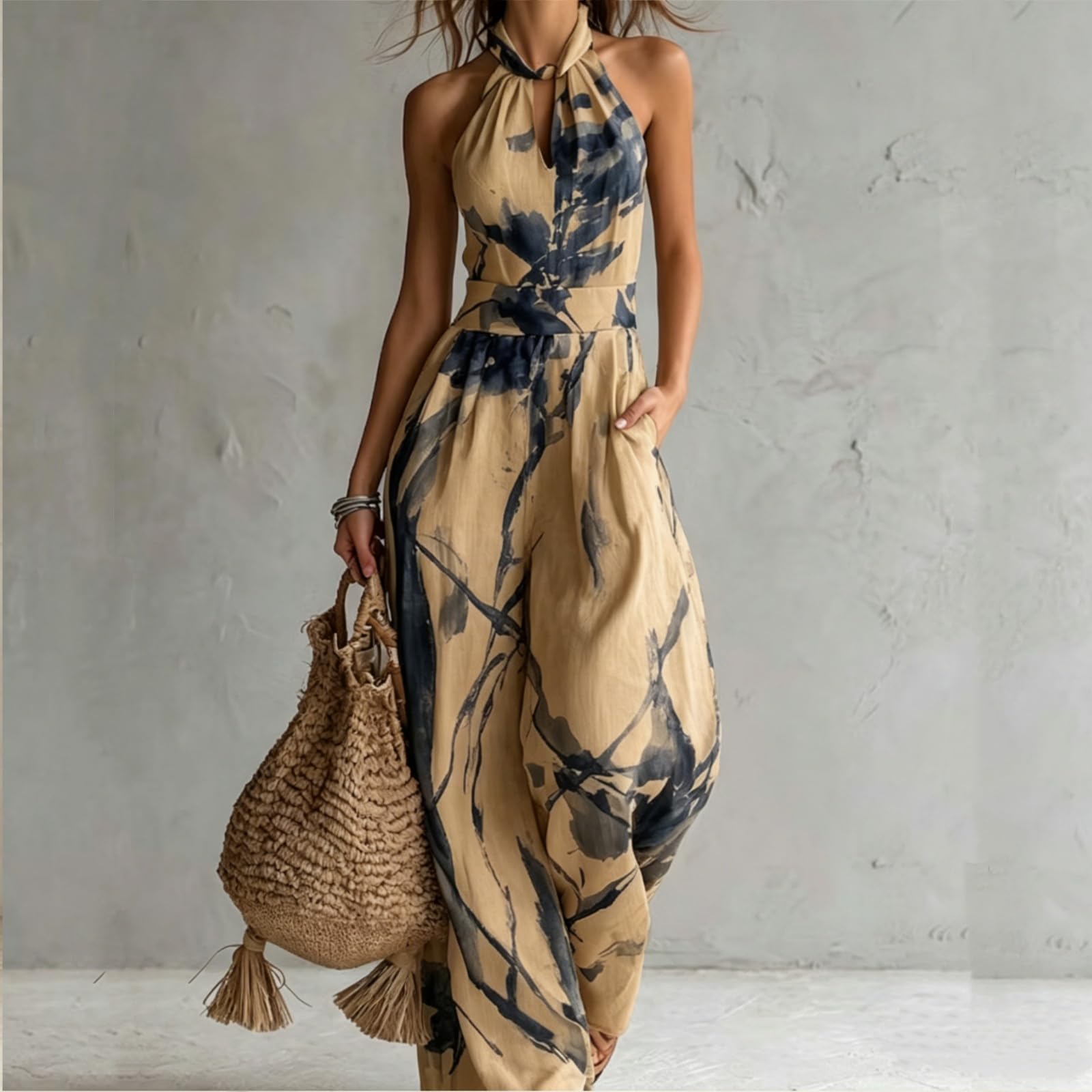 Backless Rompers for Women Casual Ink Printed Sleeveless High Waist Wide Leg Jumpsuit Sexy Halter Boho Vacation Party Outfits