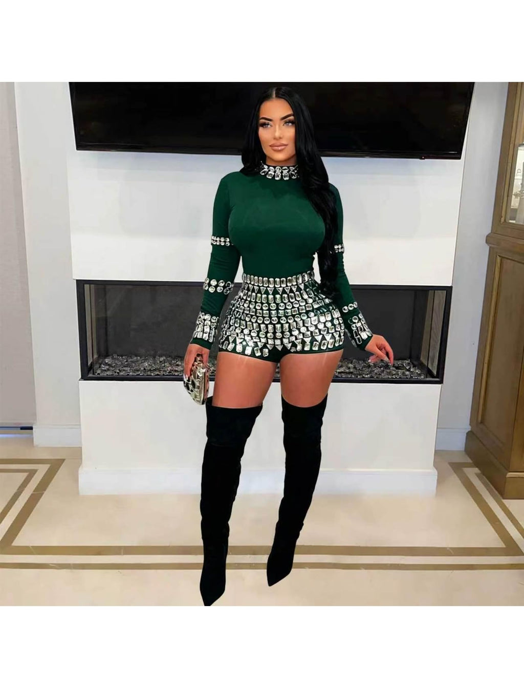 chicyes Women's Jumpsuits Sexy Long Sleeve Date Night Rompers Rhinestone Sparkly Party Club Spring Outfits Fall Concert