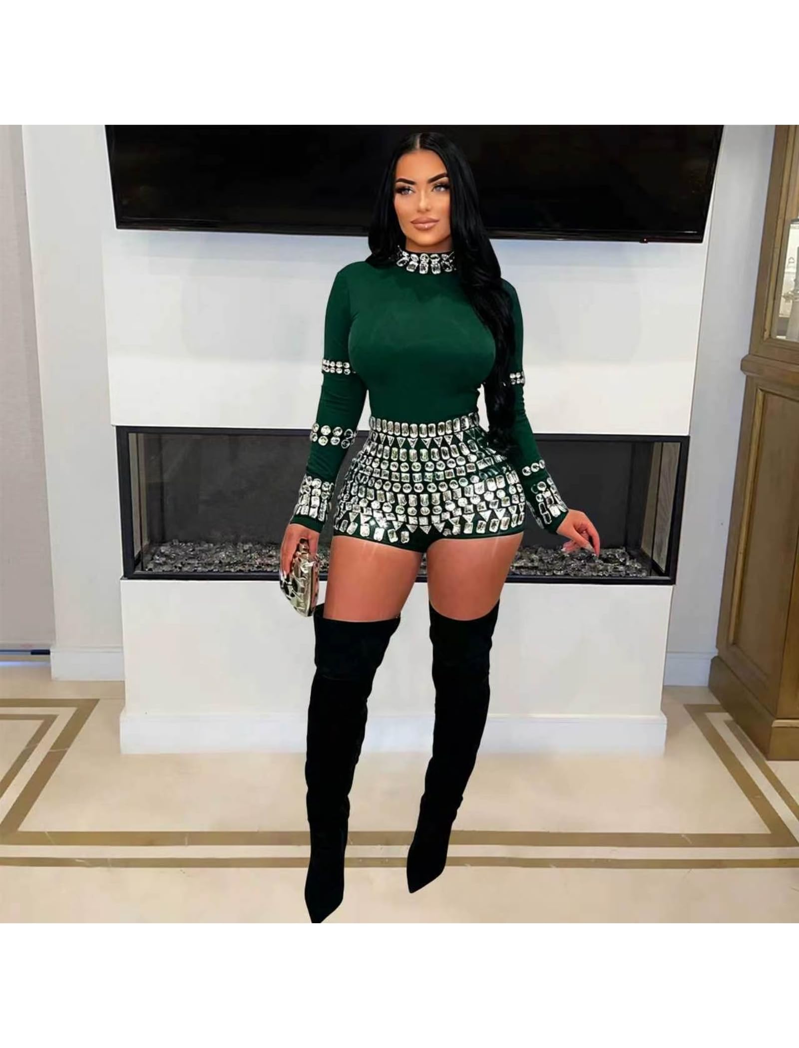 chicyes Women's Jumpsuits Sexy Long Sleeve Date Night Rompers Rhinestone Sparkly Party Club Spring Outfits Fall Concert