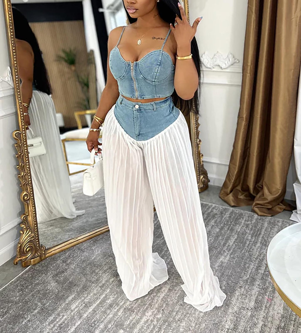 Women's Denim Spliced Pleated Chiffon Wide Leg Pants | High-Waist Fit, Floor-Length Flow, Denim-to-Chiffon Design, Tummy Control, Jumpsuit-Illusion Style
