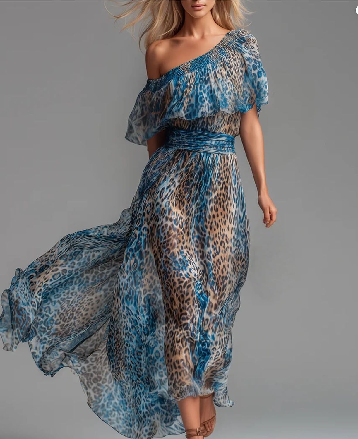 Women's Leopard Print Off the Shoulder Maxi Dress Short Sleeve Ruffle A Line Resort Maxi Dress Vacation Beach Party
