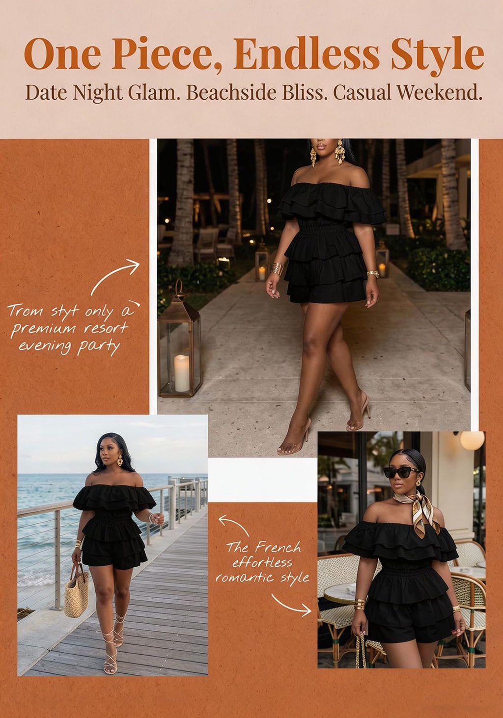 LAJIOJIO Rompers for Women Sexy Off the Shoulder Ruffle Hem Short Jumpsuits | Pleated,Dressy Jumpsuits,Party Outfits,Tiered