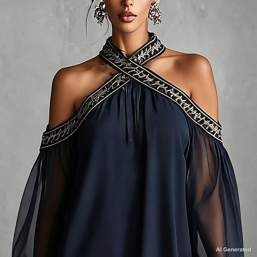 Women's Vintage Boho Chiffon Dress Navy Blue Baroque Print High Neck Irregular Lantern Sleeve Dress Casual Party Vacation