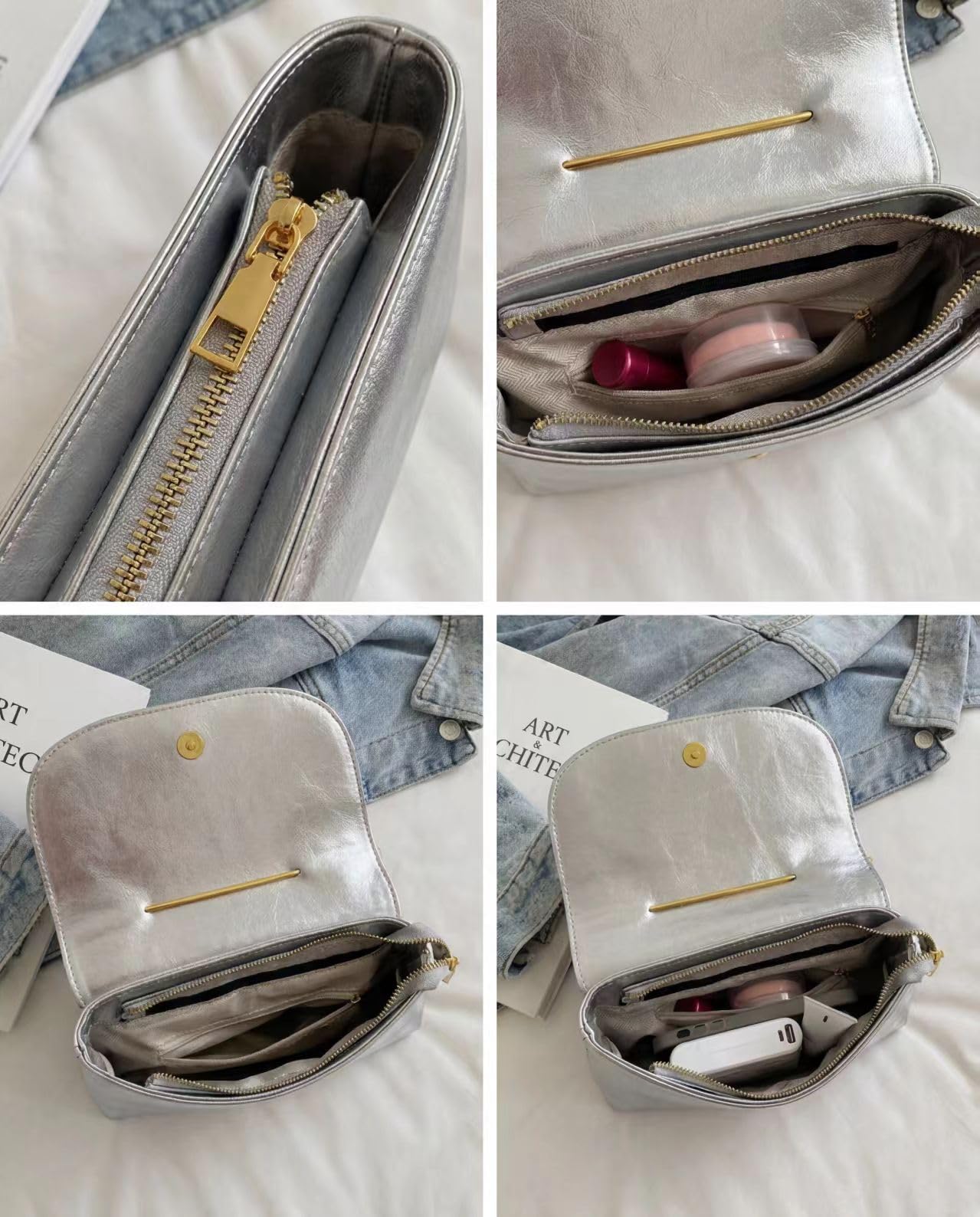 Women's Unique Safety Pin Crossbody Purse | Leather Clutch Bag Gold Handles Chain novelty clutch