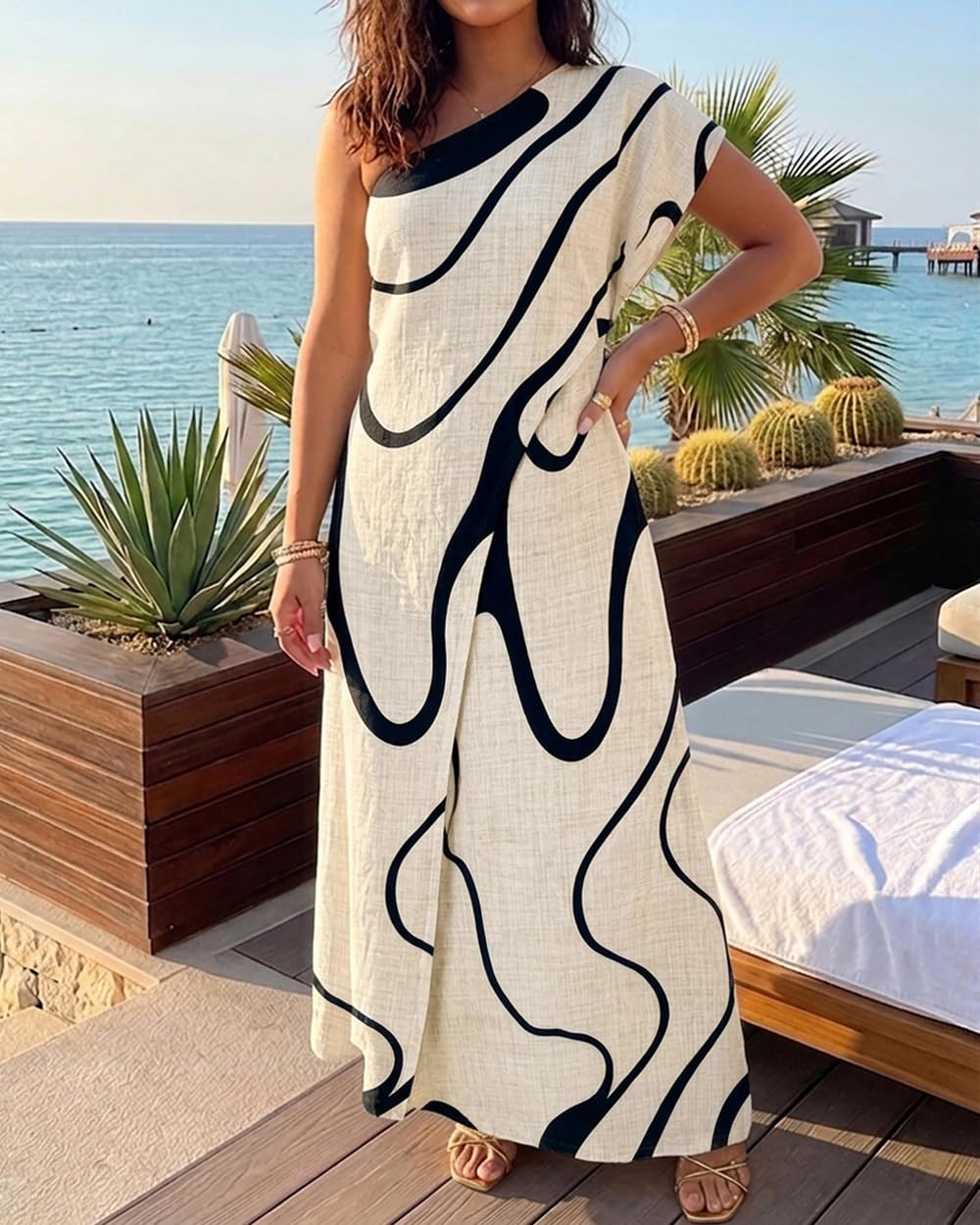 CHICME Maxi Dresses for Women Abstract Print Summer Dress | Womens Summer Dresses, One Shoulder Boho Dress with Pockets, Faux 2 Piece Casual Dresses, Vacation, Beach Dress Wedding Guest