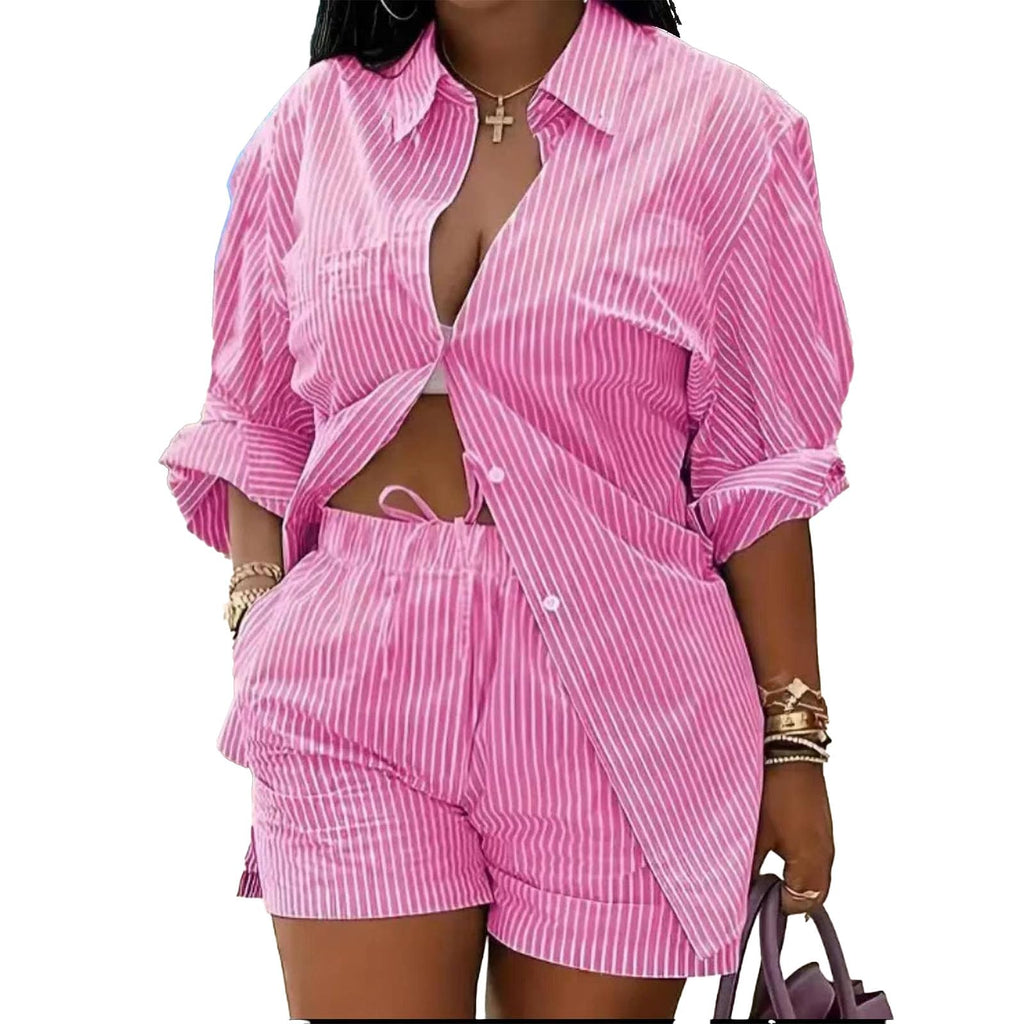 Mandonce 2 Piece Outfits for Women Long Sleeve Printed Shirt and Elastic Lace-Up Shorts with Pockets Beach Vacation Clothes