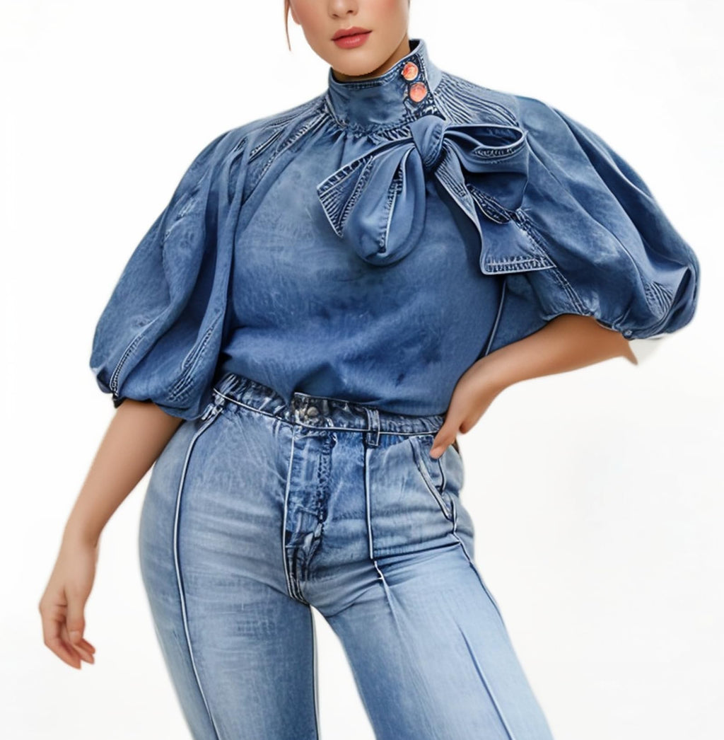 Women's Bow Design Denim Pullover Top Button Up High Neck Fashionable Jacket with Elastic and Puff Sleeves