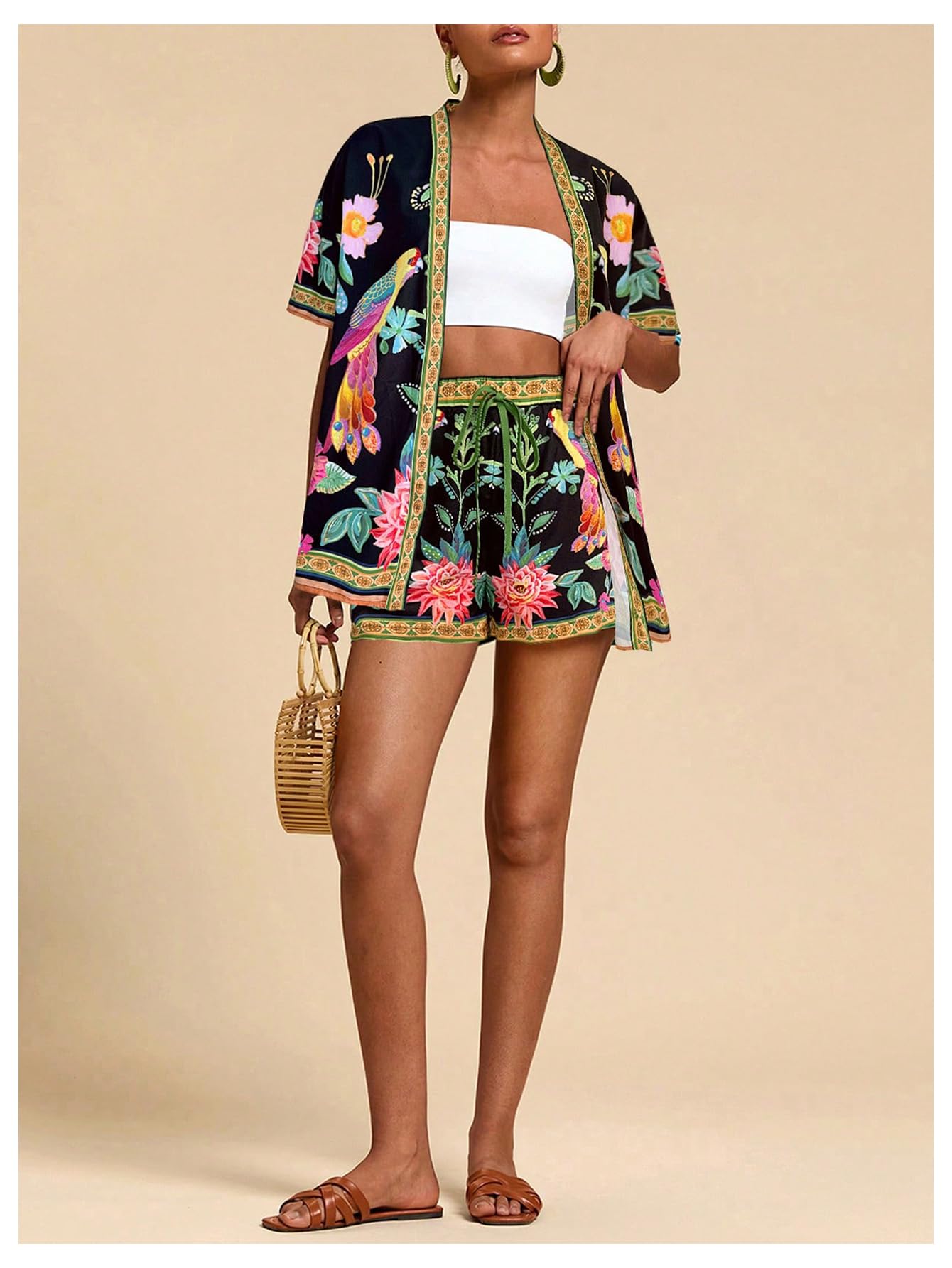 MakeMeChic Women's Two Piece Sets Summer Tropical Vacation Outfits Boho Floral Kimono Tops Shorts Set