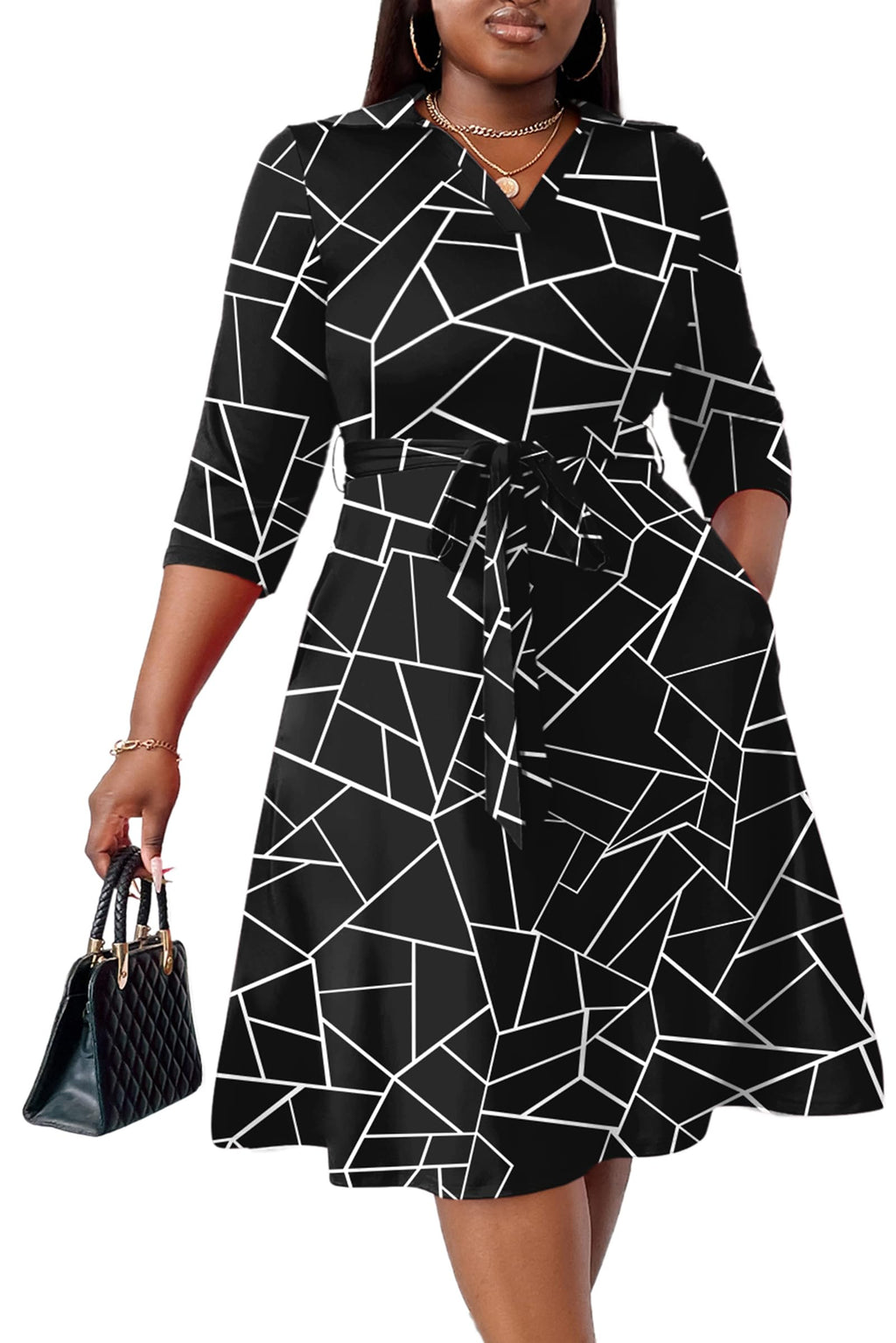 FANDEE Plus Size Midi Dress for Women Casual - Fit and Flare Summer Dresses | Semi Formal,African Print,Polo Collar Cocktail Dress,With Pockets And Belt