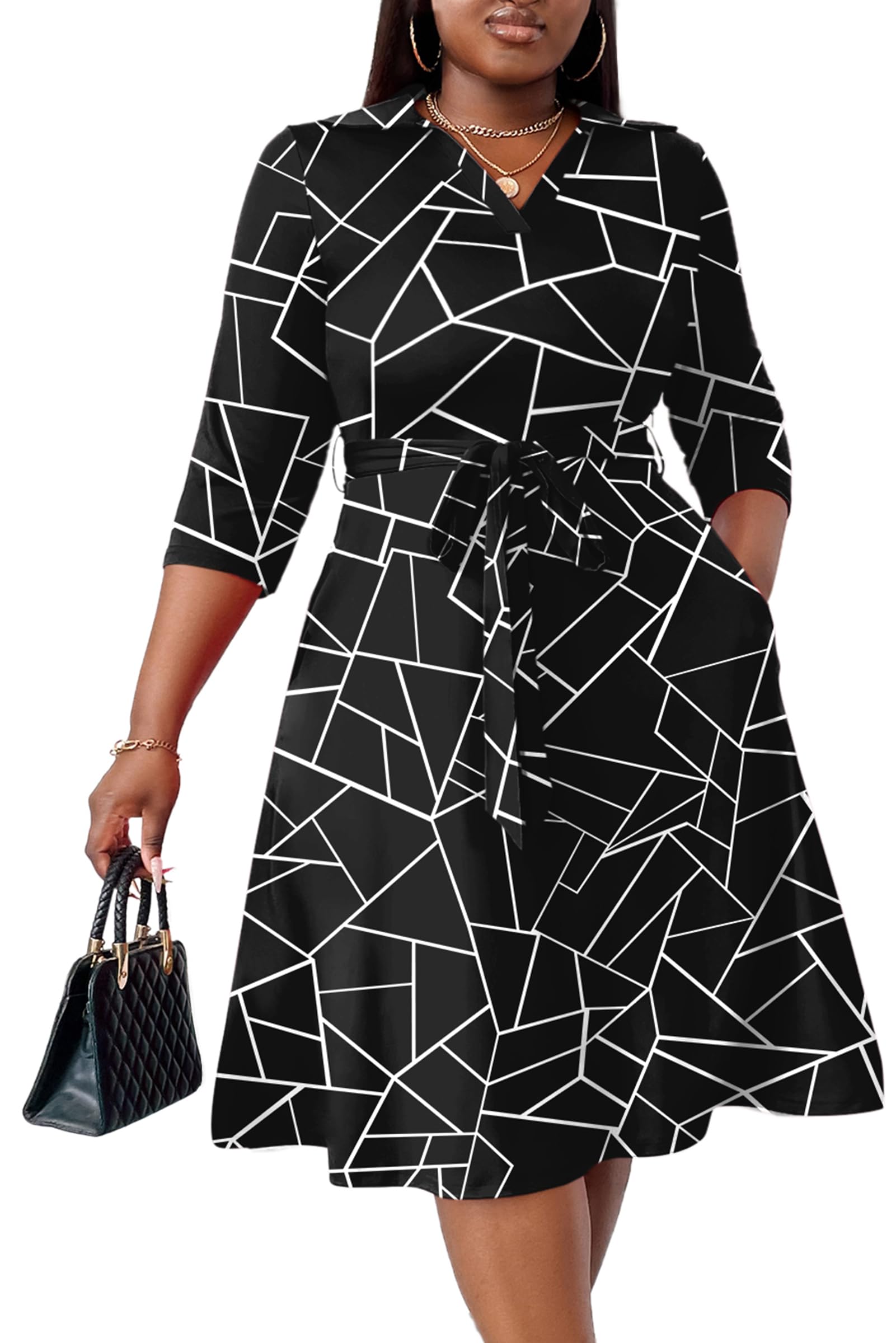 FANDEE Plus Size Midi Dress for Women Casual - Fit and Flare Summer Dresses | Semi Formal,African Print,Polo Collar Cocktail Dress,With Pockets And Belt
