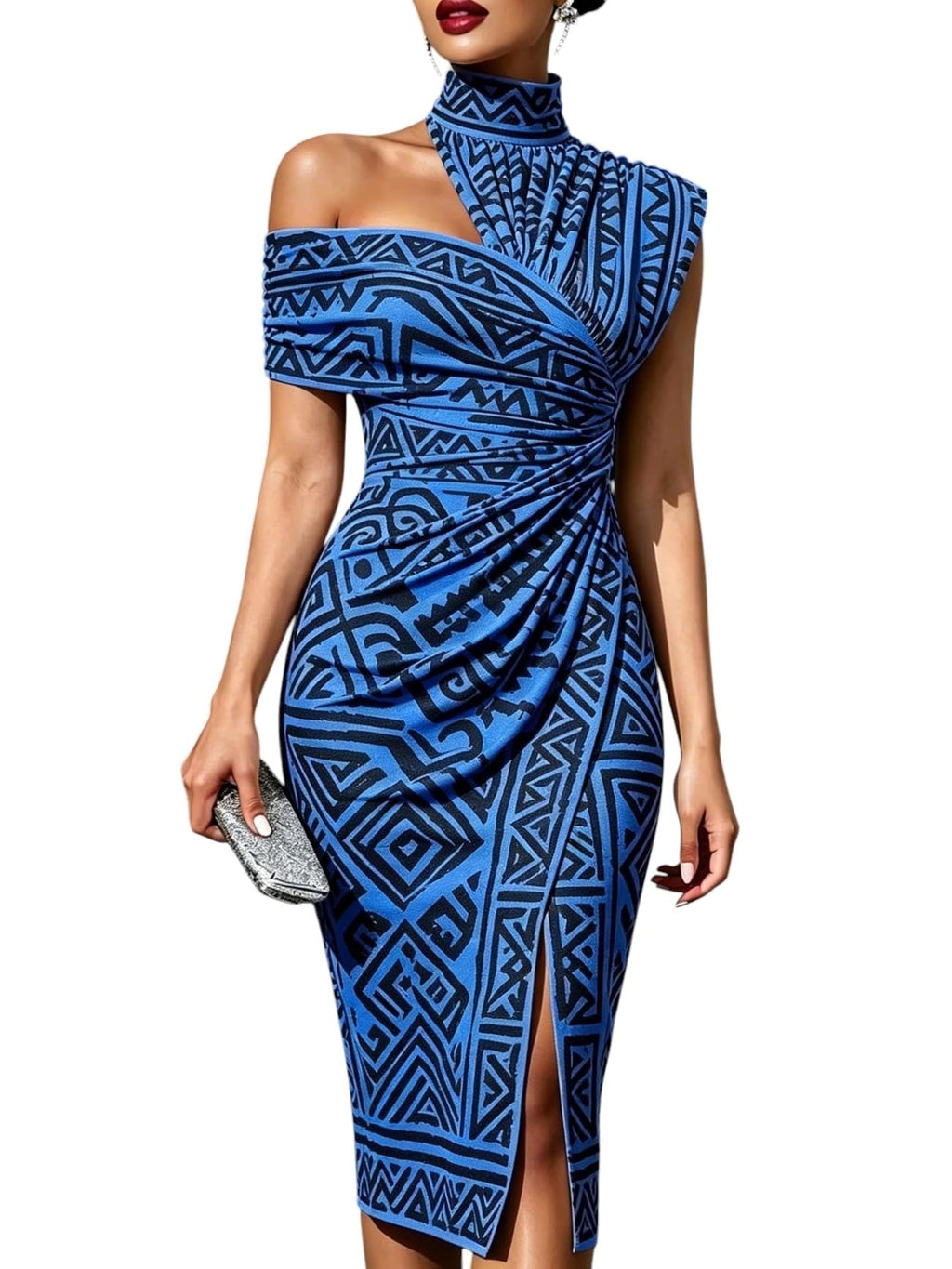 Women's One Shoulder Bodycon Midi Dress Geometric Pattern Print High Neck Slit Ruched Reunion and Vacation Casual Wear Dress