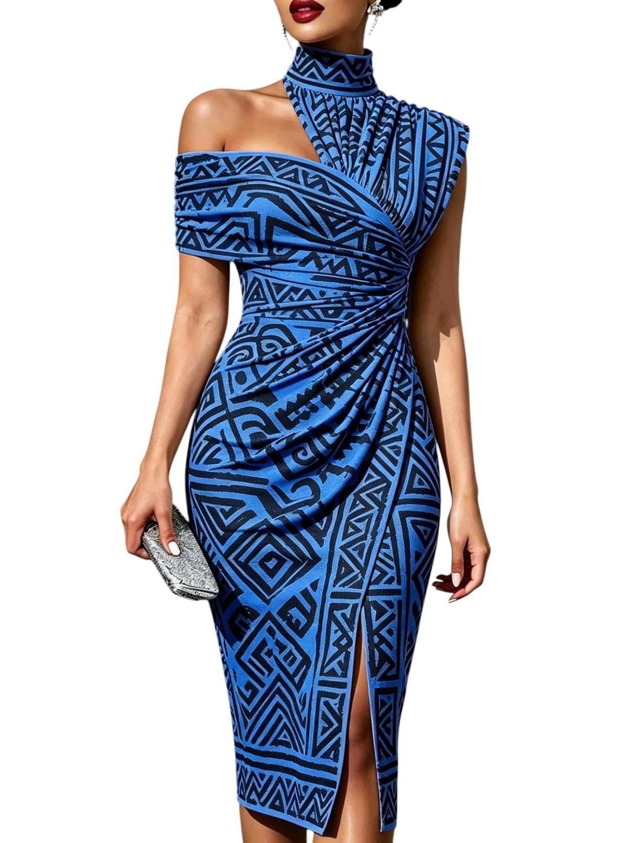 Women's One Shoulder Bodycon Midi Dress Geometric Pattern Print High Neck Slit Ruched Reunion and Vacation Casual Wear Dress