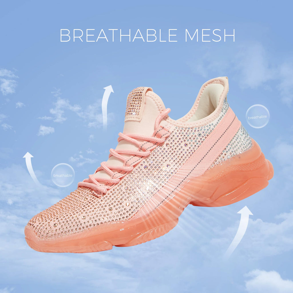 BELOS Women Rhinestone Mesh Slip On Walking Shoes | Fashion Breathable Spakle Glitter Sneaker