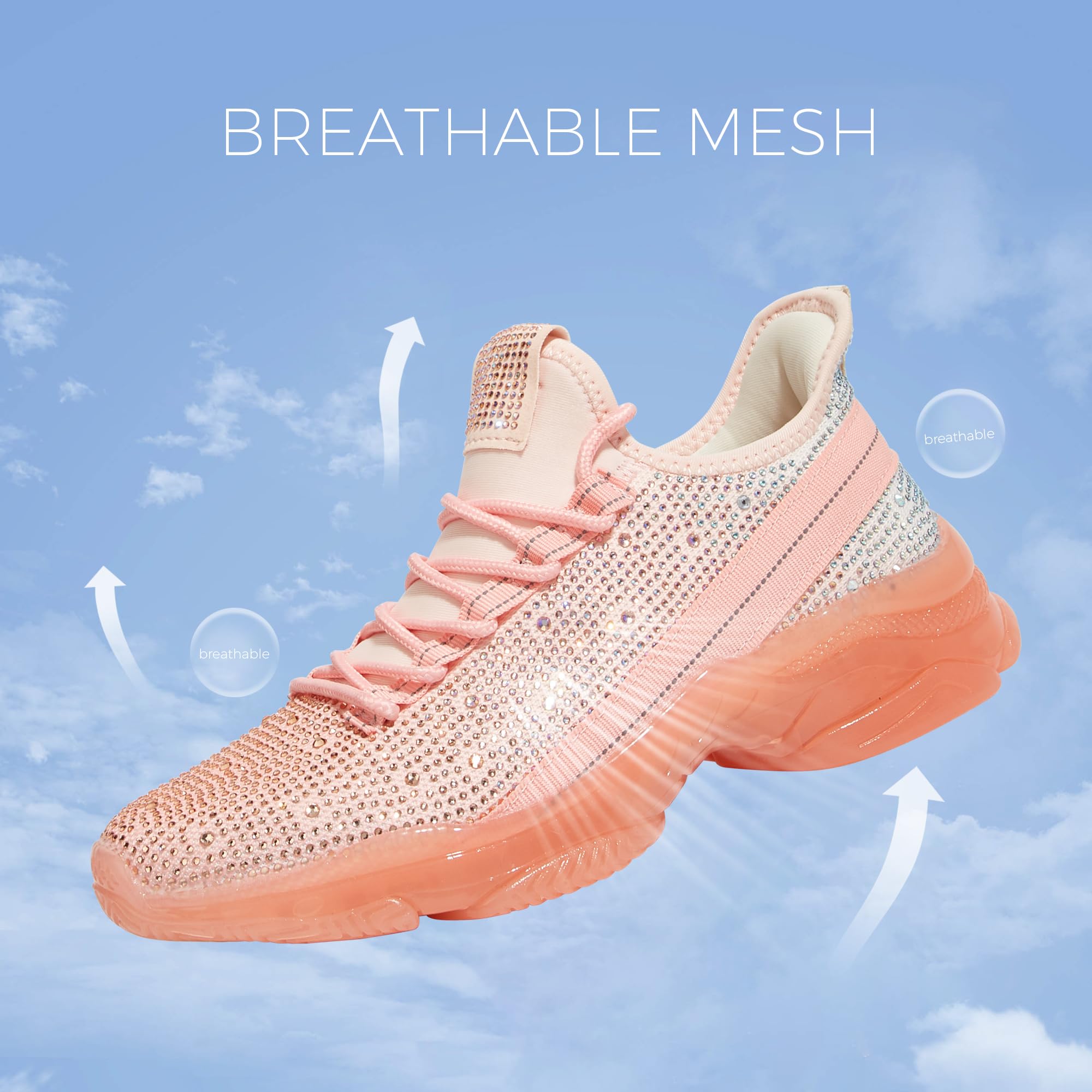 BELOS Women Rhinestone Mesh Slip On Walking Shoes | Fashion Breathable Spakle Glitter Sneaker