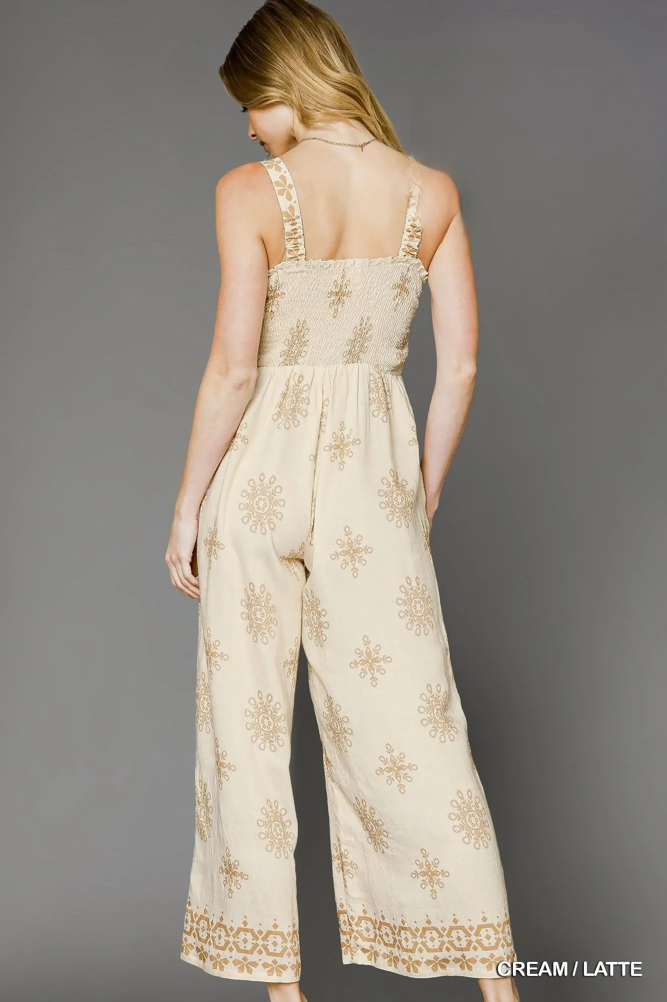 Smocked Printed Wide Leg Jumpsuit
