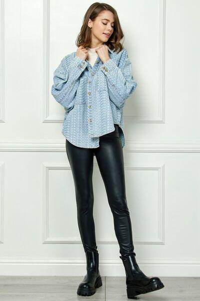 Veveret Button Up Dropped Shoulder Denim Top for Women