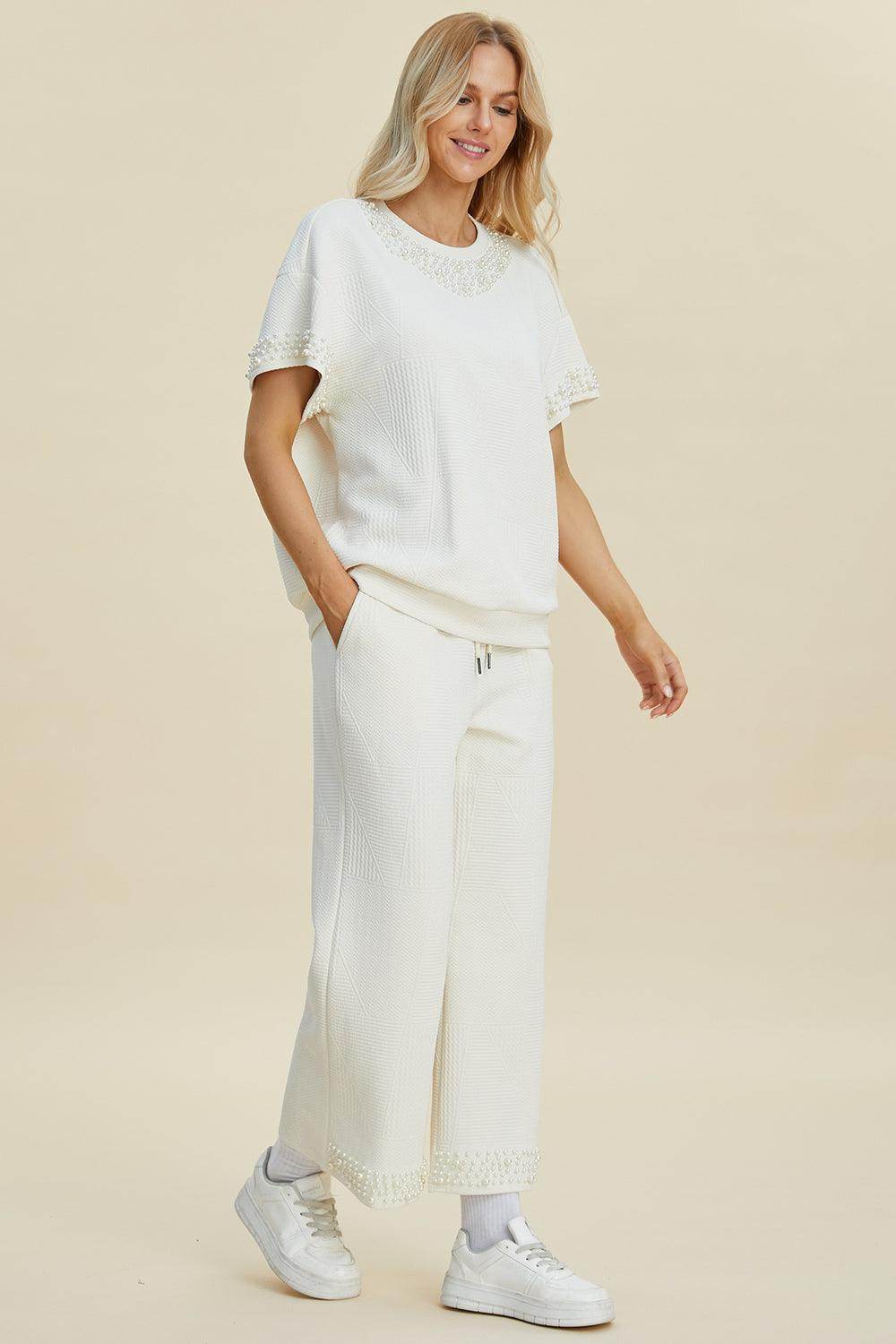 Double Take Full Size Pearl Detail Round Neck Top Pants Set