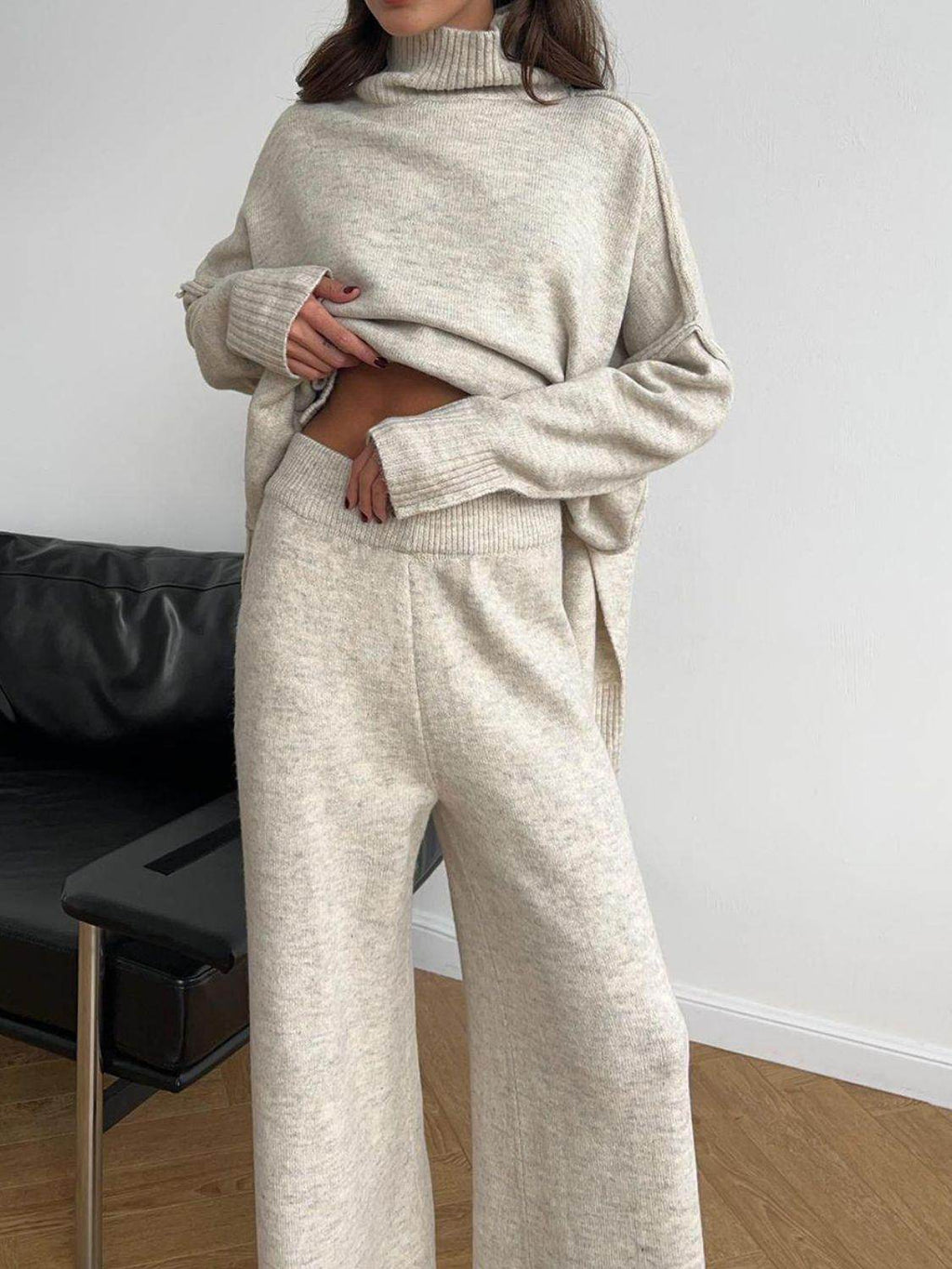 Slit Turtleneck Long Sleeve Top and Pants Sweater Set Outfit