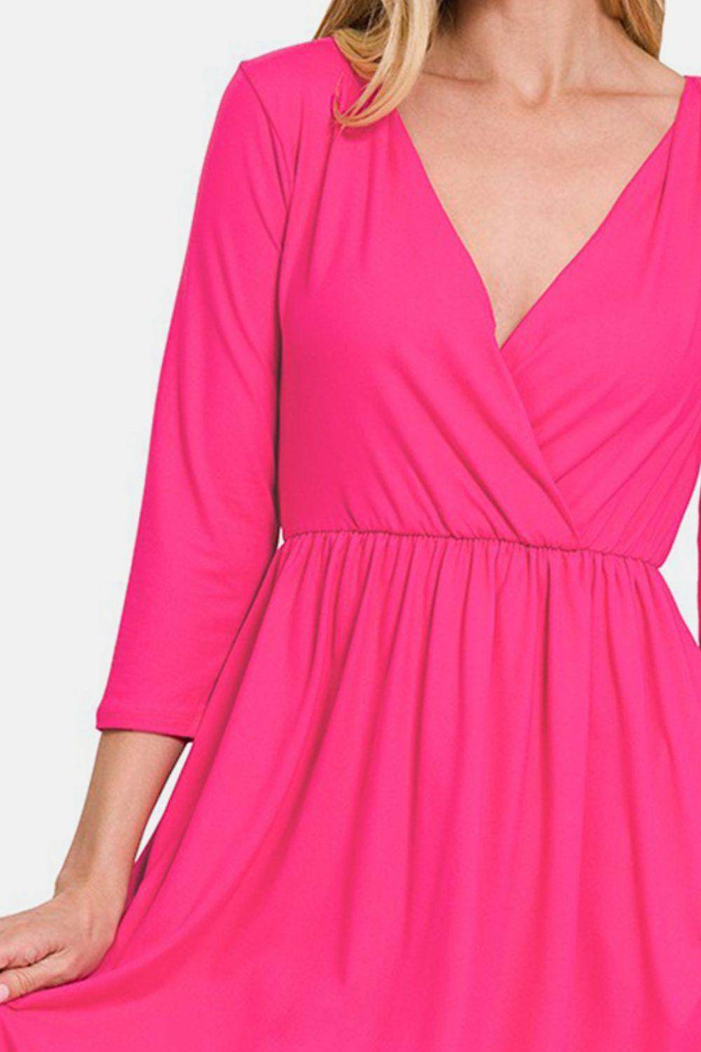 Zenana Three-Quarter Sleeve Surplice Dress with Pockets