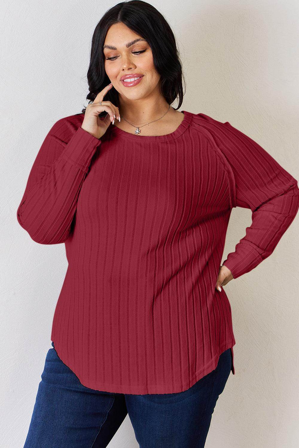 Basic Bae Full Size Ribbed Round Neck Slit T-Shirt for Women