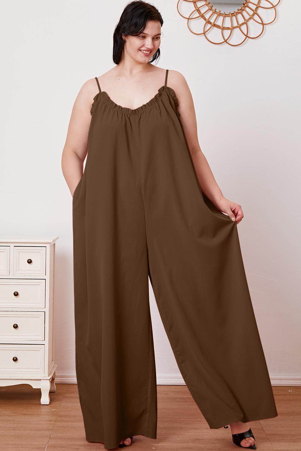 Double Take Full Size Ruffle Trim Tie Back Cami Jumpsuit
