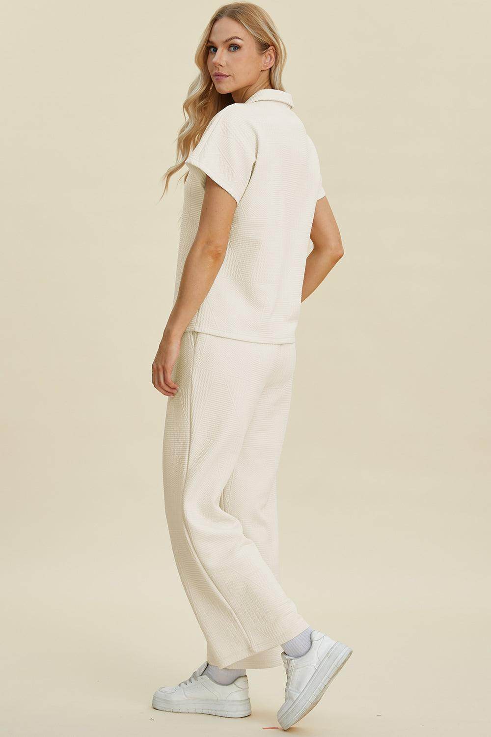 Double Take Full Size Collared Neck Short Sleeve Top Set