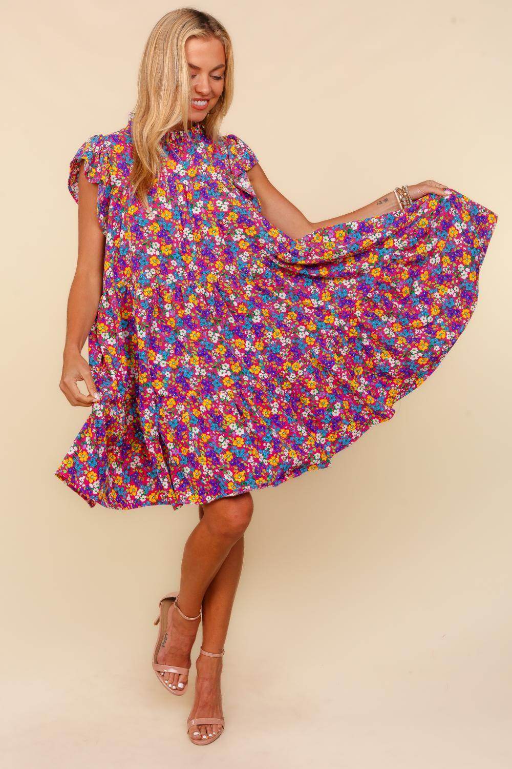 Haptics Frilled Mock Neck Ditsy Floral Dress for Women