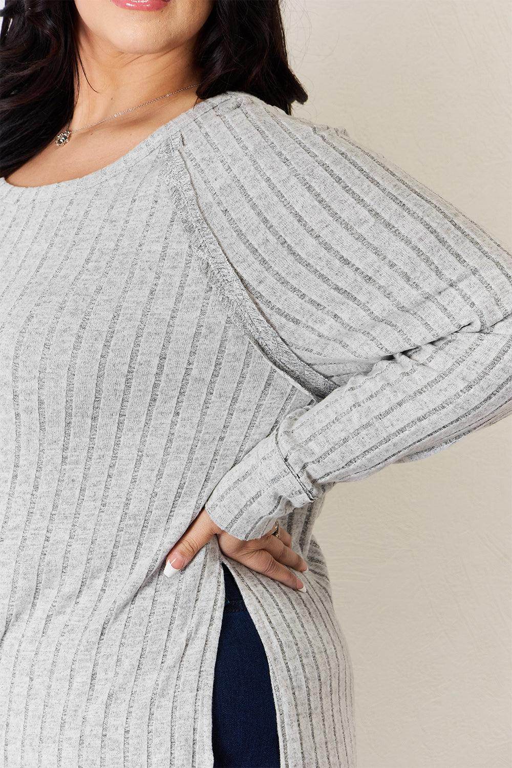 Basic Bae Full Size Ribbed Round Neck Slit T-Shirt for Women