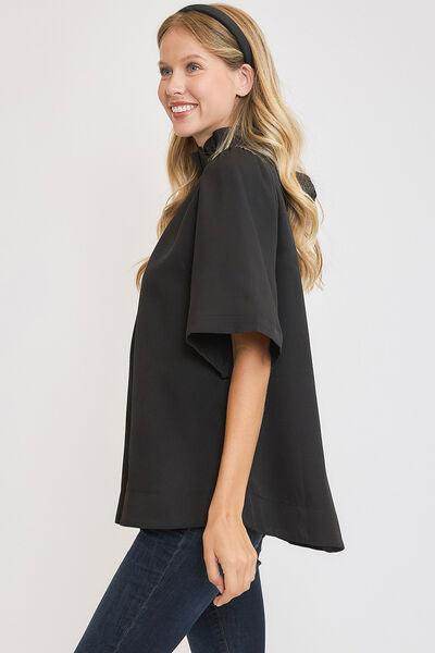 Umgee Bow Tie Back Mock Neck Half Sleeve Blouse for Women