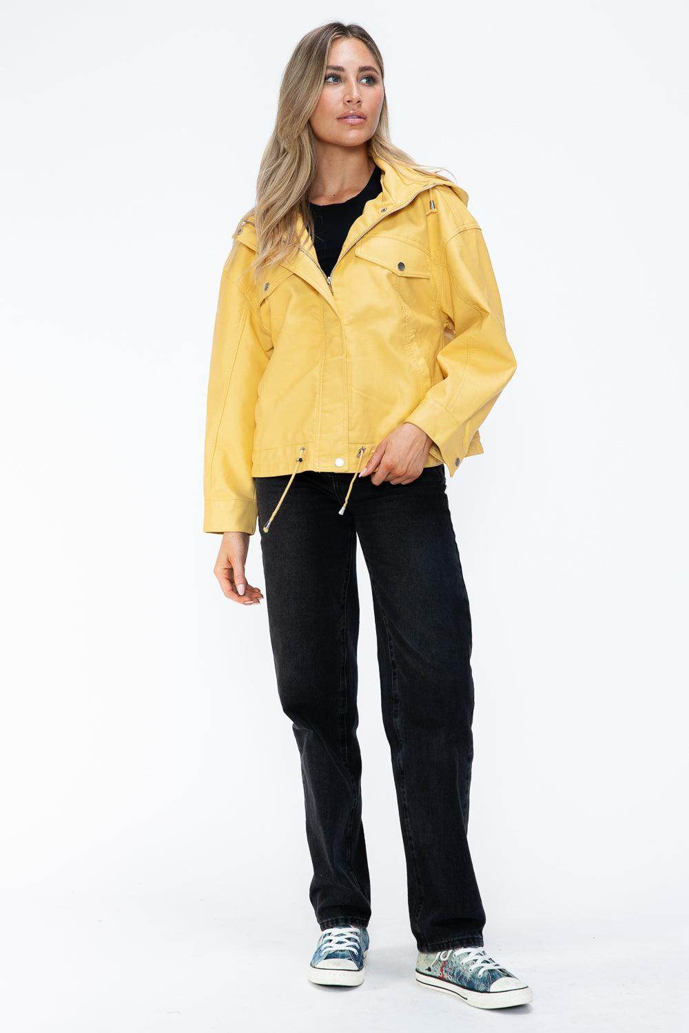 How Dare U Drawstring Hem PU Leather Zip Up Jacket for Women