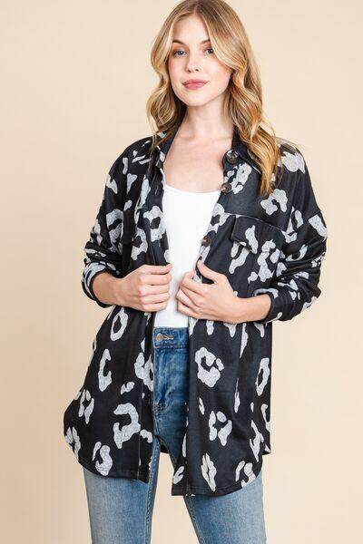 BOMBOM Animal Print Button Up Knit Shacket for Women