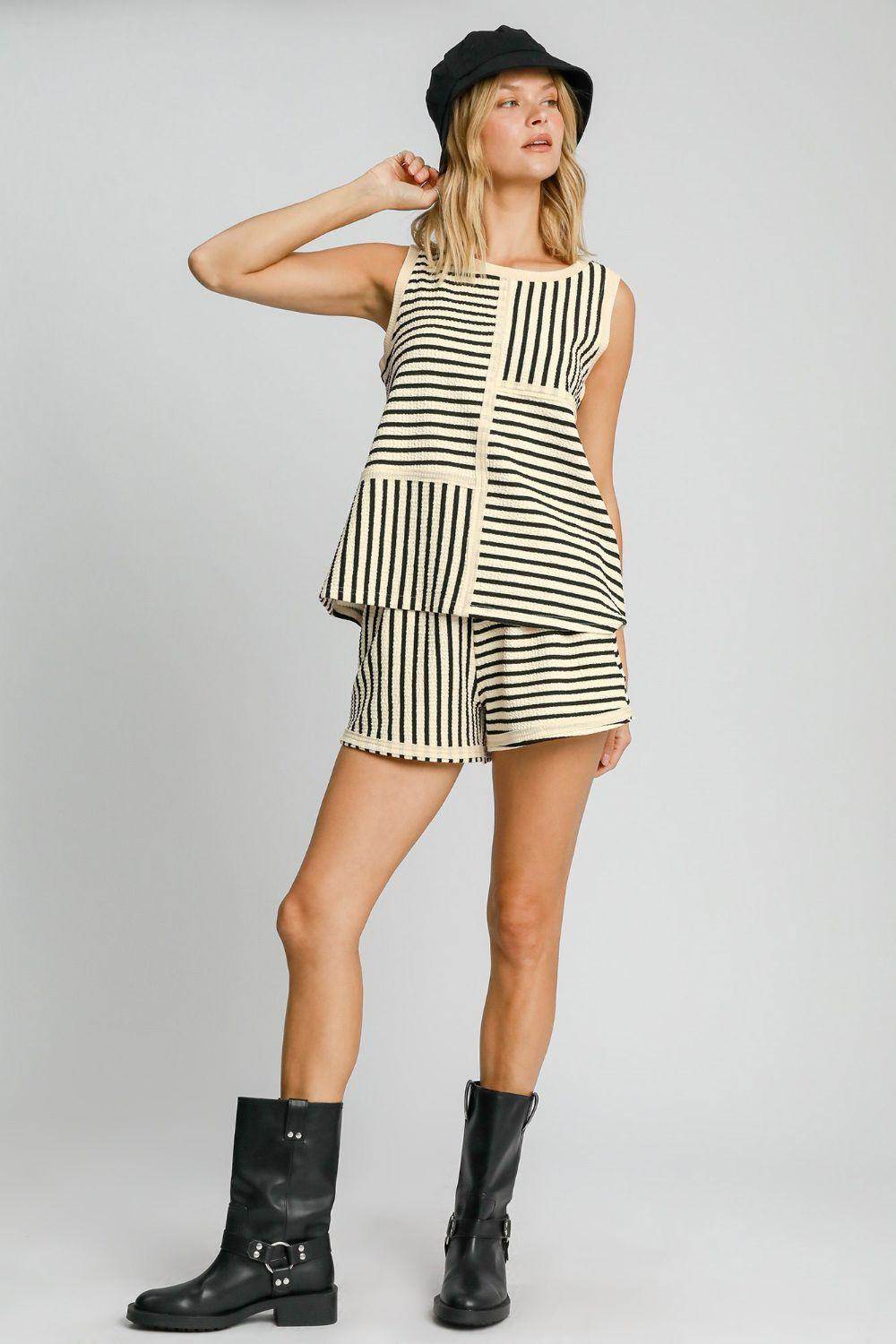 Umgee Round Neck Texture Striped Tank for Casual Style
