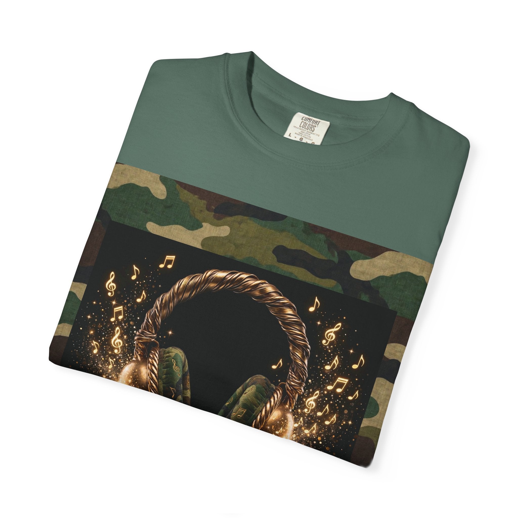 Camo Headphones Tee — Gold Spark DJ Music Graphic T-Shirt